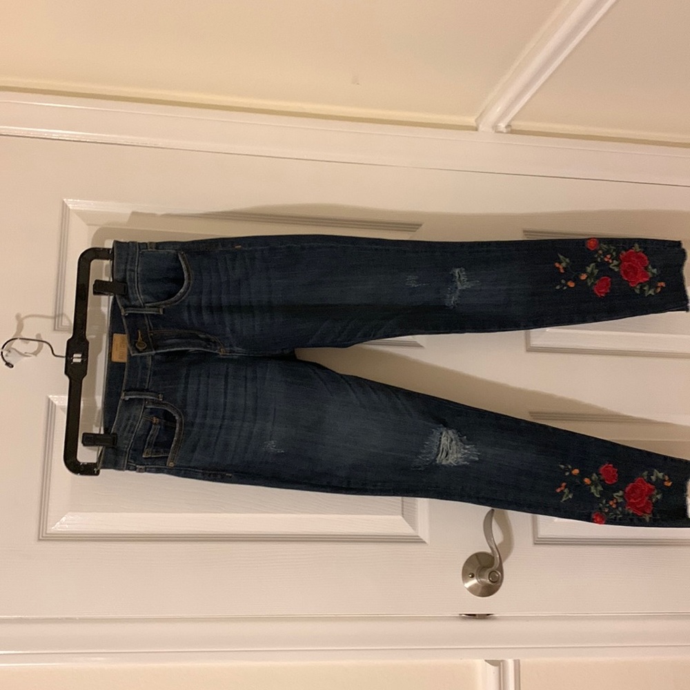 Driftwood Jackie Embroidered Medium Dark Wash Skinny Raw Hem Jeans